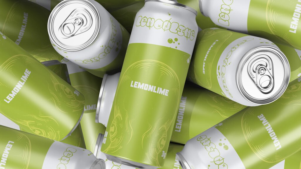 Close-up view of multiple stacked Lemonlime probiotic soda cans with a vibrant green and white design.