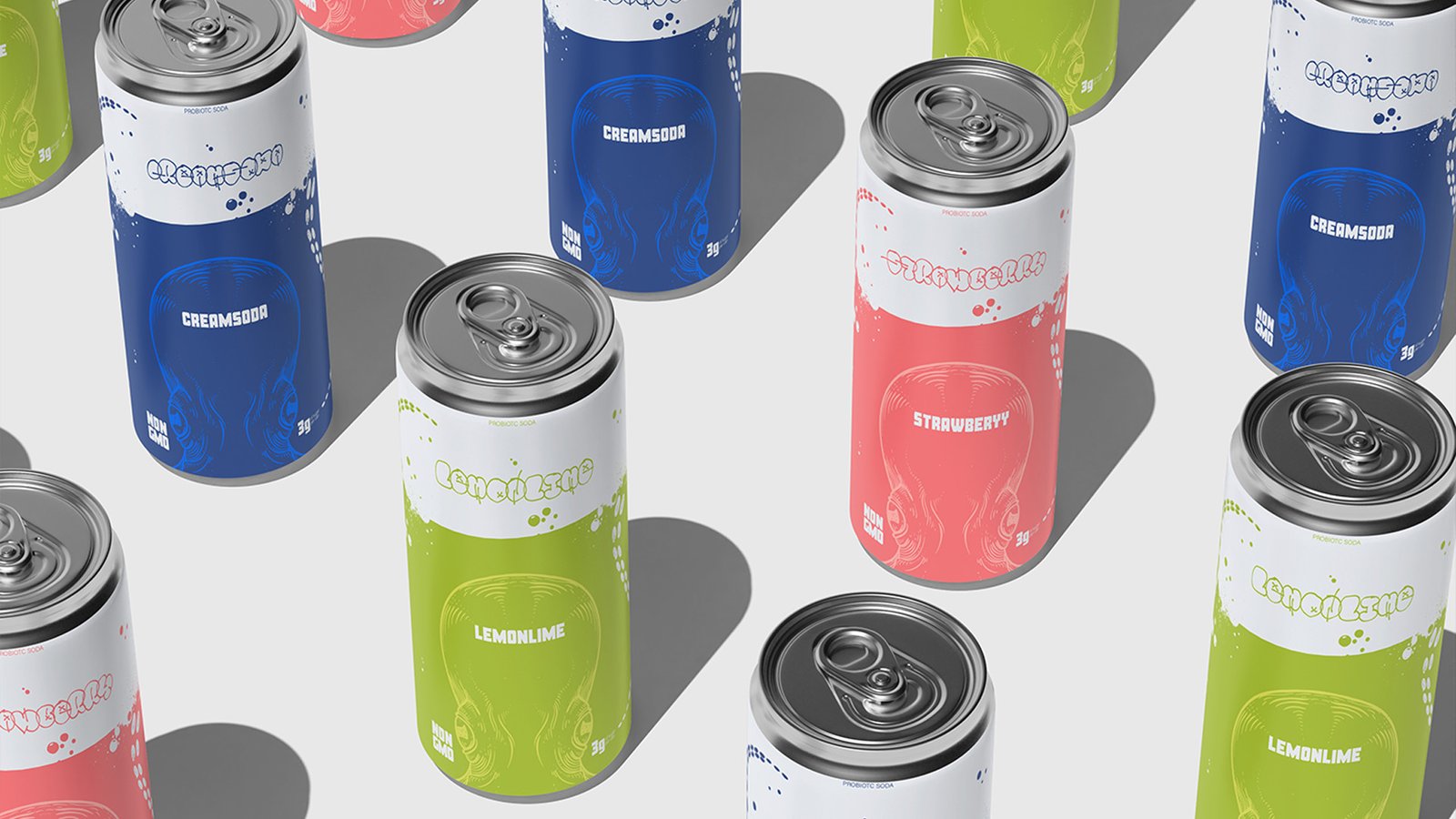 Assorted probiotic soda cans in vibrant Lemonlime, Creamsoda, and Strawberry flavors, arranged diagonally on a white background.