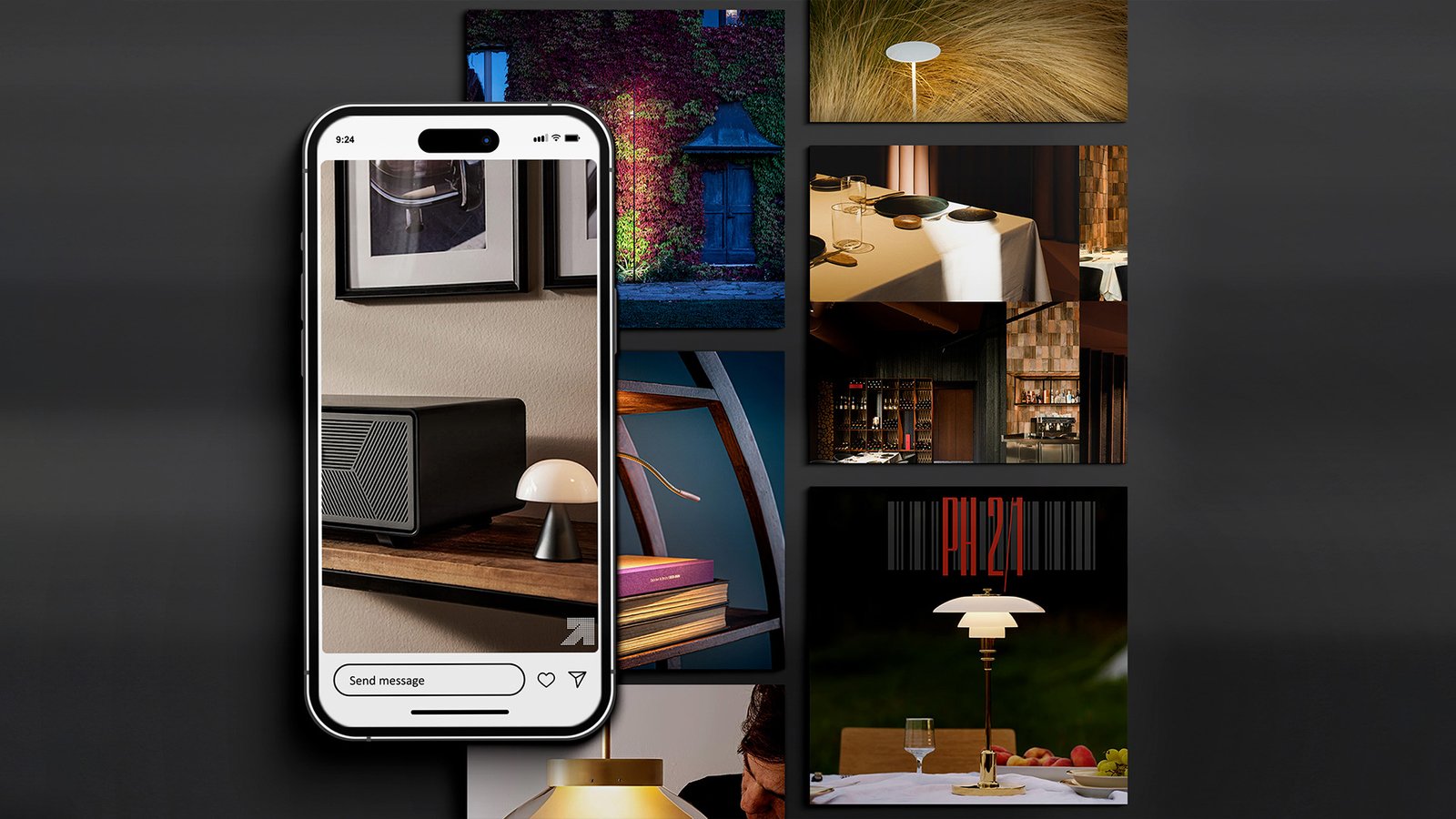 Collage of luxury interior design and lighting scenes featuring PH 2/1 lamps and architectural shots, with a phone displaying a mini lamp on a shelf.