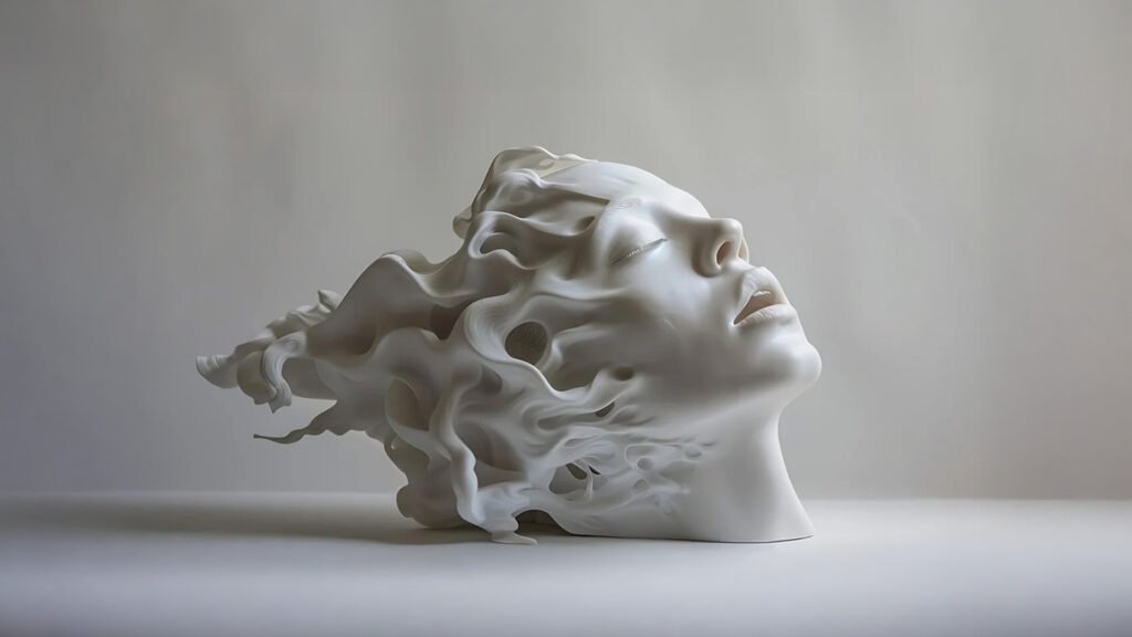Abstract white sculpture of a serene female face with flowing, wave-like extensions, blending human features with surreal fluidity.