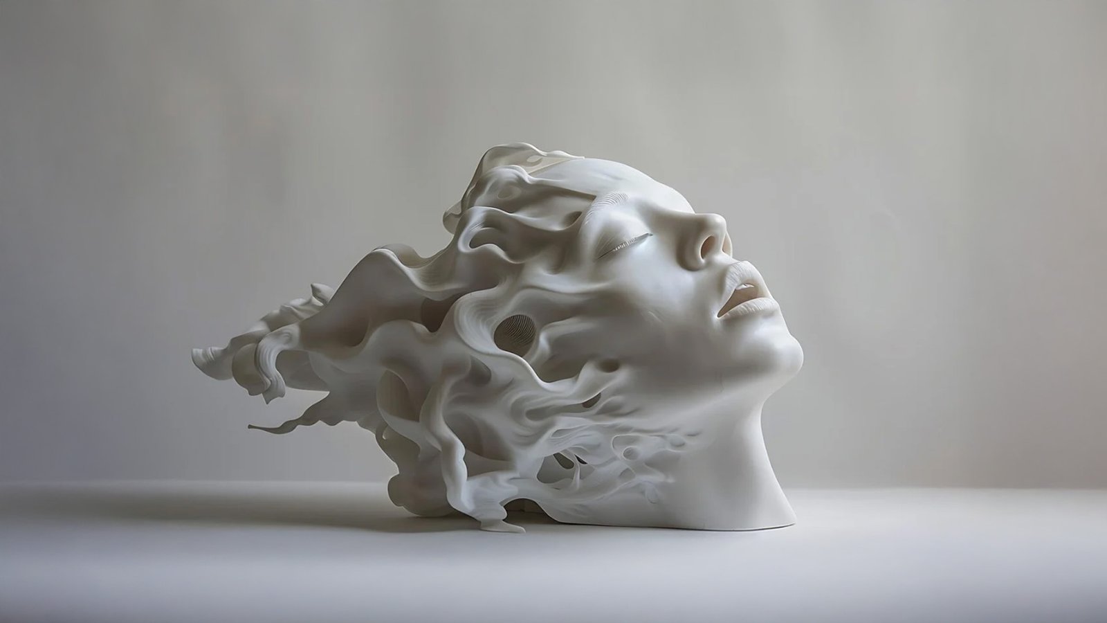 Abstract white sculpture of a serene female face with flowing, wave-like extensions, blending human features with surreal fluidity.