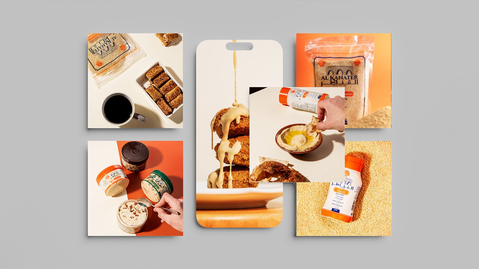 Collage of Al Kanater products including halawa, tahini, sesame seeds, and sesame bars, styled in a modern layout for food branding and social media marketing.