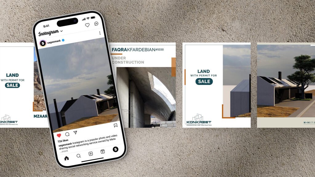 Konkrete real estate promotional materials and Instagram ad mockup featuring land for sale and construction updates in Faqra and Mzaar, displayed on a textured concrete background.