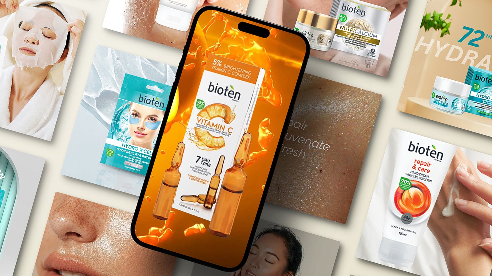Bioten skincare product collage featuring Vitamin C ampoules on a smartphone screen surrounded by Hydro X-Cell, Repair & Care, Nutricalcium, and facial mask visuals.